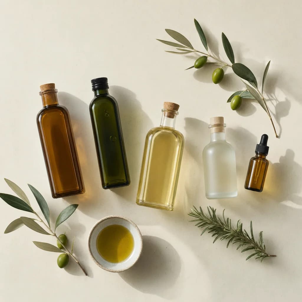 A still life of unlabeled glass bottles of curated cooking and skin oils on a warm cream backdrop, with olive branches and a small bowl of olive oil.