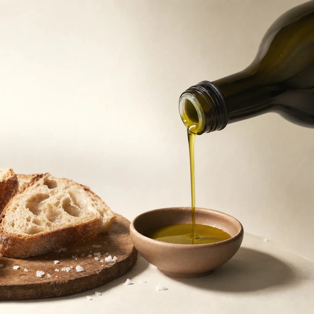 Olive oil pouring from an unlabeled dark glass bottle into a small earthenware bowl, beside a wooden board with sourdough.