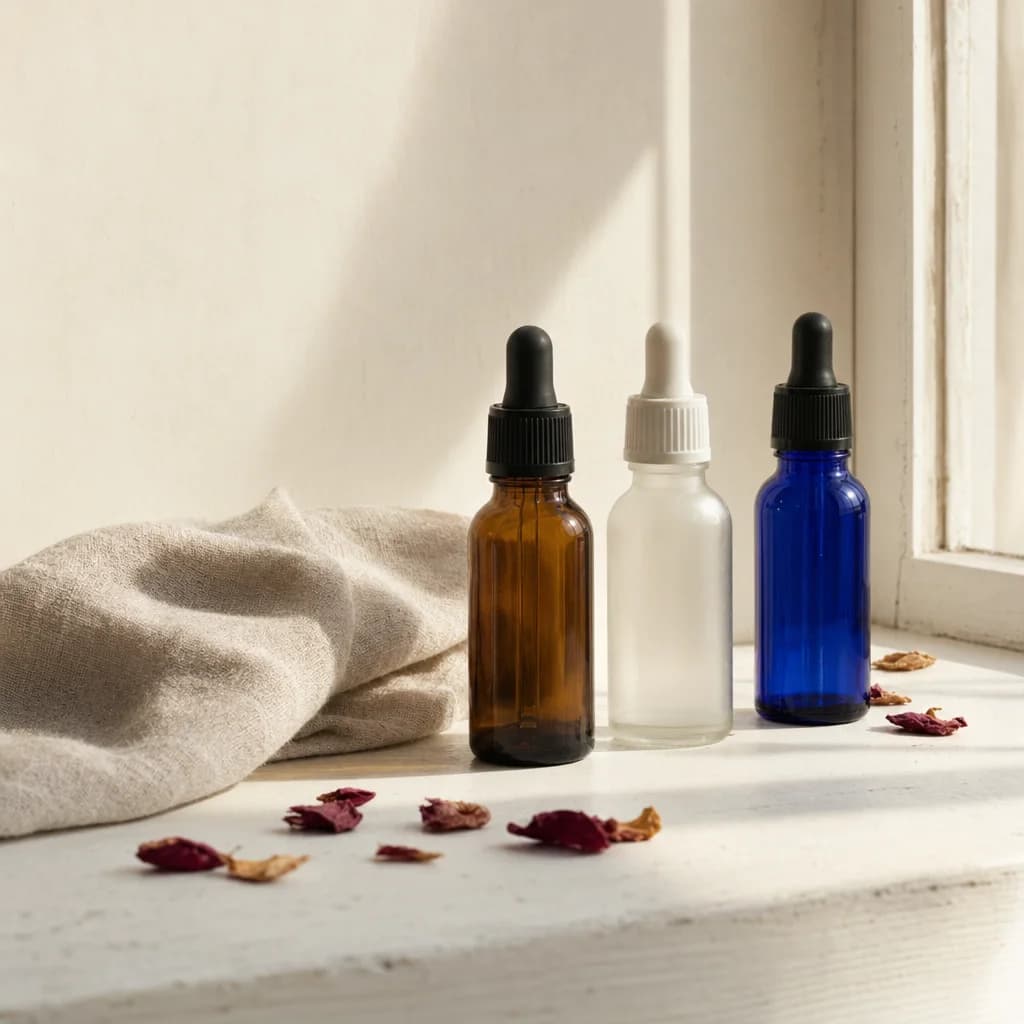 Three apothecary glass dropper bottles in amber, frosted, and cobalt on a sunlit windowsill with raw linen and dried rose petals.